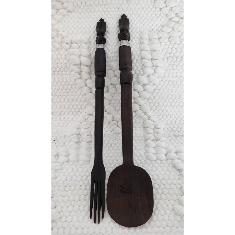 Vintage Handcarved African‎ Wooden Fork & Spoon Tribal Folk Art